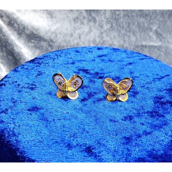 vintage gold tone open mesh butterfly w/floral design inside wings earrings - Picture 2 of 4